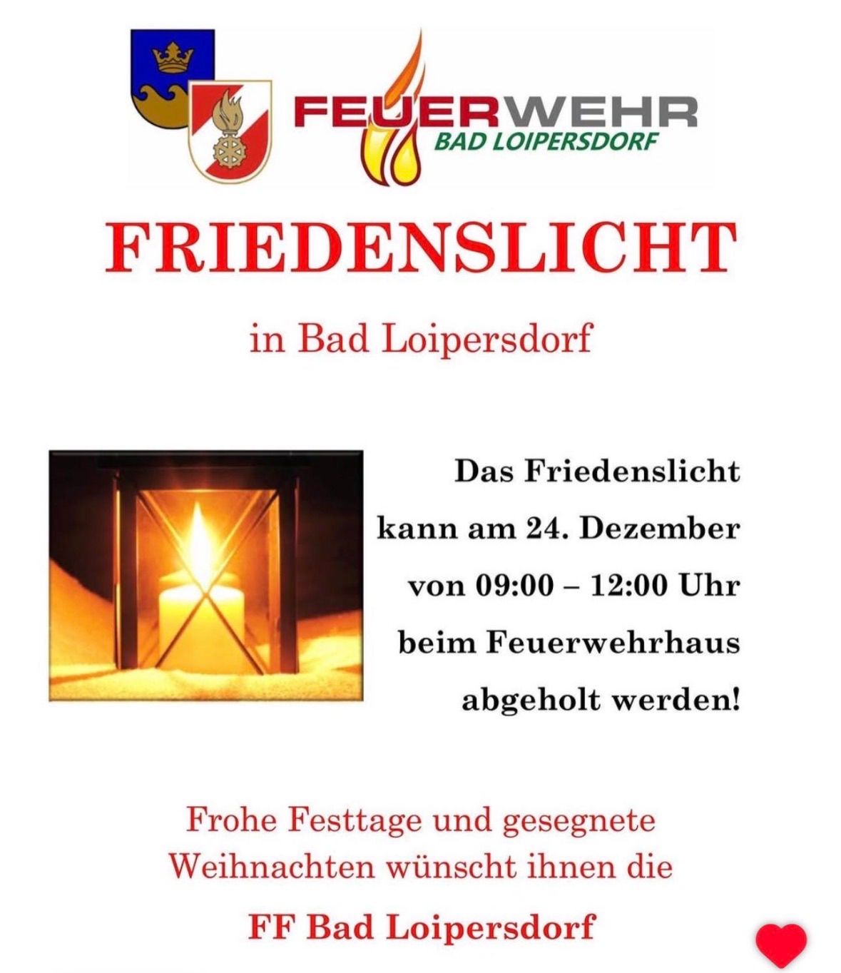 Plakat für Friedenslicht in Bad Loipersdorf. Eine brennende Kerze in einem Laternen. Die Veranstaltung findet am 24. Dezember von 09:00 bis 12:00 Uhr beim Feuerwehrhaus statt.