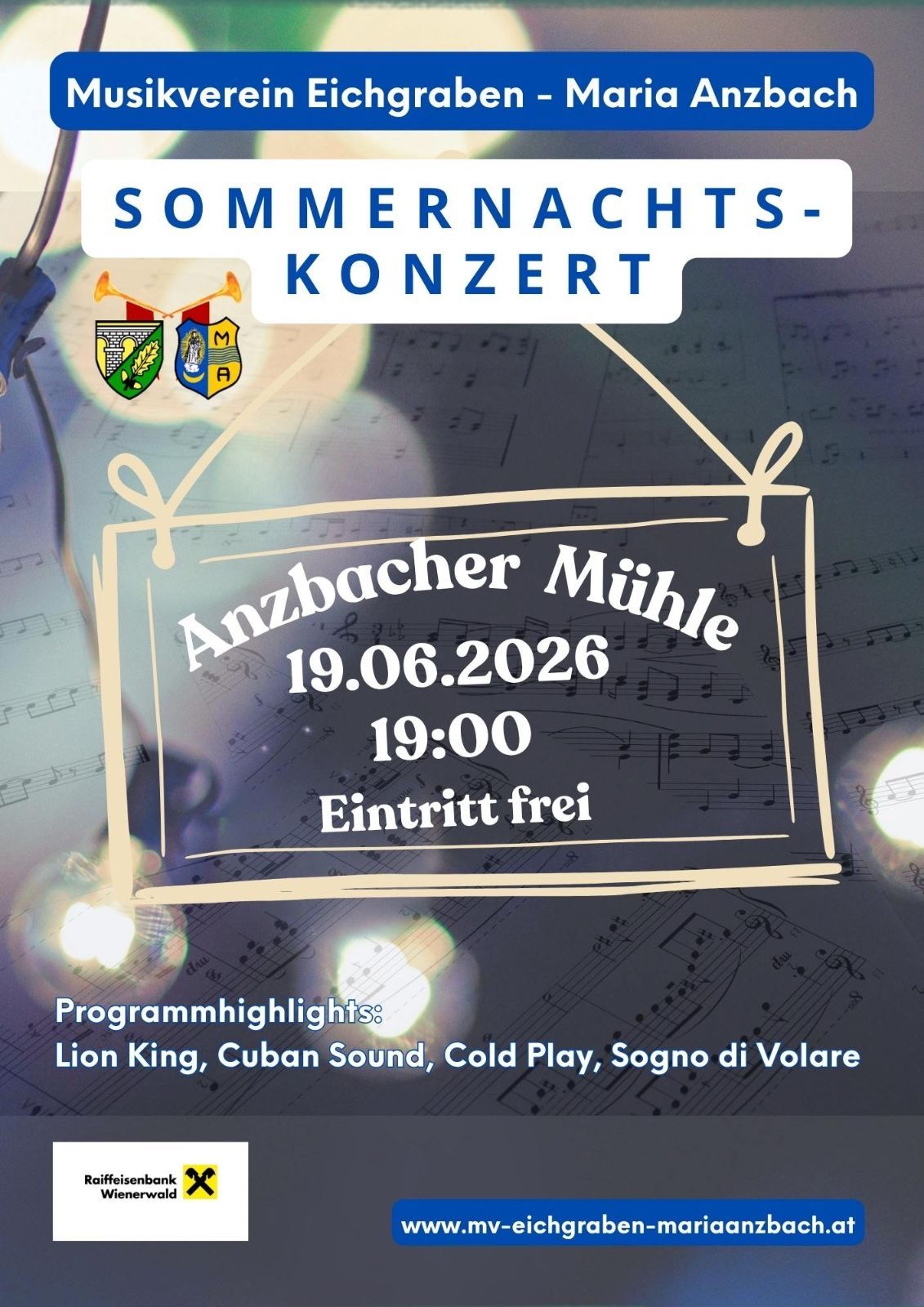 Konzertplakat für ein Sommernachtskonzert in der Anzbacher Mühle am 19.06.2026 um 19:00. Eintritt frei. Highlights sind Lion King, Cuban Sound, Cold Play und Sogno di Volare.