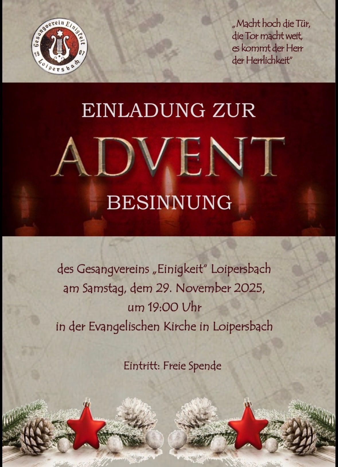 Eine Einladung zur Adventsfeier des Gesangvereins 'Einigkeit' Loipersdorf am Samstag, 29. November 2025, um 19:00 Uhr in der Evangelischen Kirche in Loipersdorf. Der Eintritt ist frei.