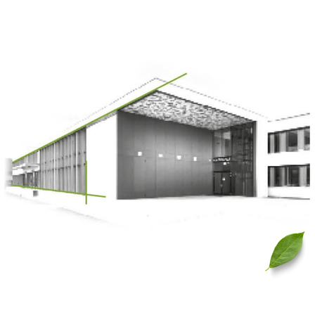 Ein Bild eines Gebäudes mit moderner Architektur, das eine große Wand mit einem einzigartigen Design und Glasfenstern aufweist. Das Bild enthält den Text 'SP Res'.