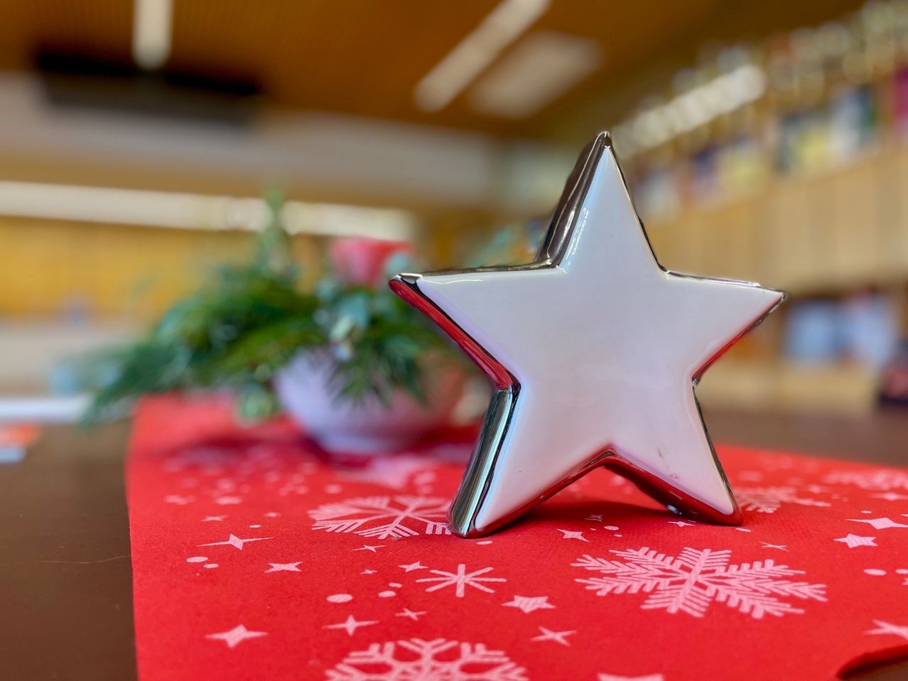 Ein weißer sternförmiger Schmuck liegt auf einem roten Tischläufer mit Schneeflocken. Im Hintergrund sind eine Pflanze in einem weißen Topf und Deckenleuchten zu sehen.