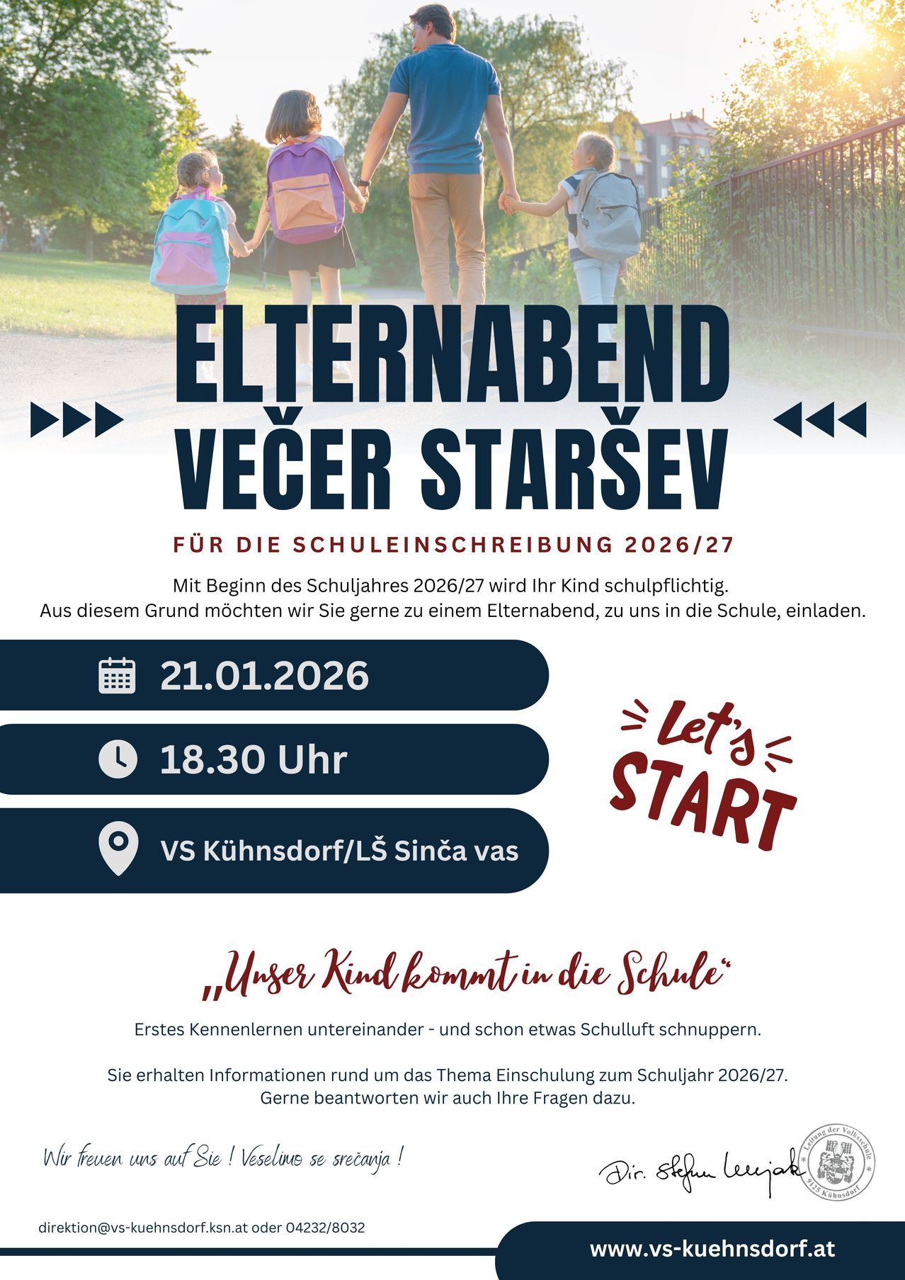 Plakat für Elternabend am 21.01.2026 um 18:30 in Kühnsdorf/LS Sinca vas. Einladung zum Beitritt zur Schule. Veranstaltung zur Einschulung für das Schuljahr 2026/27.