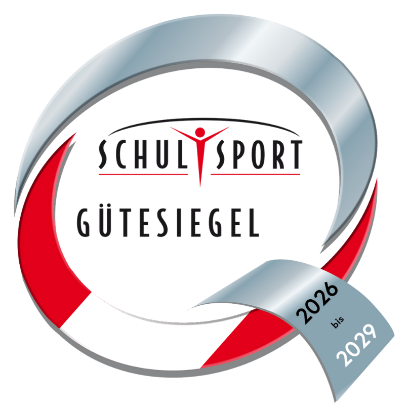 The Schul Sport Gutsiegel logo is displayed on a black background with the years 2026 and 2029 featured prominently. The logo includes a red and white ribbon, and a stylized human figure.