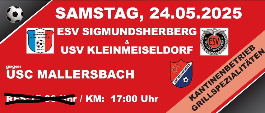 Ein Fußballspiel zwischen V Sigmundsherberg und V Kleinmeiseldorf am 24. Mai um 17:00 Uhr. Das Teamlogo ist rot, weiß und blau mit einer Person, die einen Ball tritt.