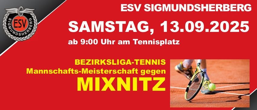 Ein Plakat für das Tennisspiel am Samstag, 13. September, ab 9:00 Uhr. Es zeigt einen Tennisspieler auf dem Platz.
