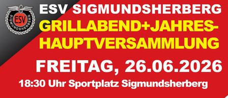 Ein roter Plakat kündigt eine Versammlung auf dem Sportplatz von Sigmund am 26. Oktober an. Es enthält die Wörter 'Willabend+Ja' und 'Uptversammlung'.