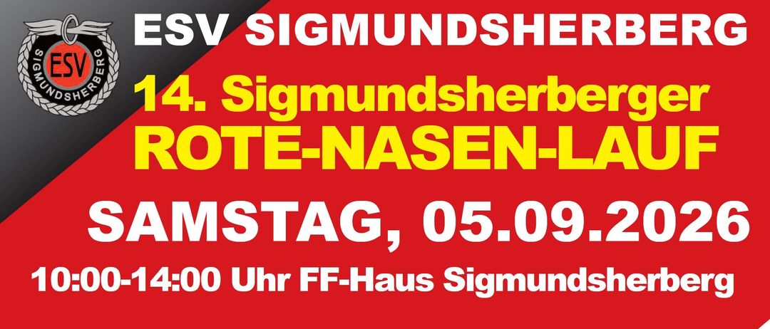 Rotes Plakat mit weißem Text 'Sigmundsherb' und gelbem Text 'NOTE-NASEN'. Darunter steht 'TAG, 05.05 Uhr FF-Haus Sigmund'.