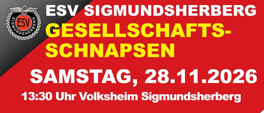 Rotes Plakat mit weißem Text, der 'SIGMUNDSHOF SELLSCHAHHNAPSTEN' und 'STAG, 28.1' sowie 'r Volkheim Sigmund' zeigt. Es hat einen schwarzen Rand.