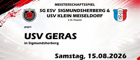 Plakat für ein Fußballspiel zwischen SG ESV Sigmundsherberg und USV Klein Meiseldorf. Das Spiel ist für Samstag, 15. August 2020, angesetzt, mit Anpfiffzeiten um 19:00 für die Hauptmannschaft und 17:00 für die Reservemannschaft.