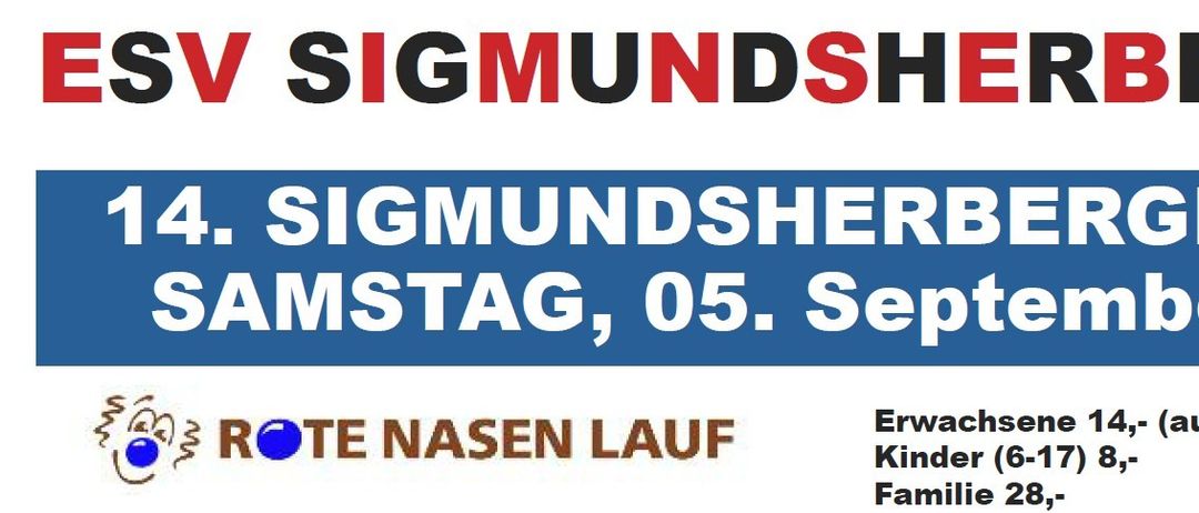 Ein Plakat für die Sigmundsherberger Lamstag-Veranstaltung am 5. September 2020 mit einer Gruppe von Radfahrern und einem Tisch mit Erfrischungen. Die Veranstaltung umfasst einen roten Nasenlauf für Erwachsene, Kinder und Familien. Die Anmeldung ist online möglich.