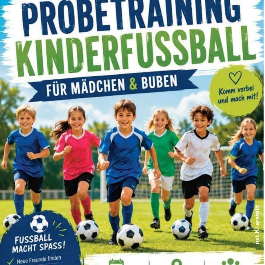 Ein Werbeplakat für Kinderfußball mit einer Gruppe junger Kinder in Fußballtrikots, die auf einem Feld auf ein Fußballtor zulaufen.
