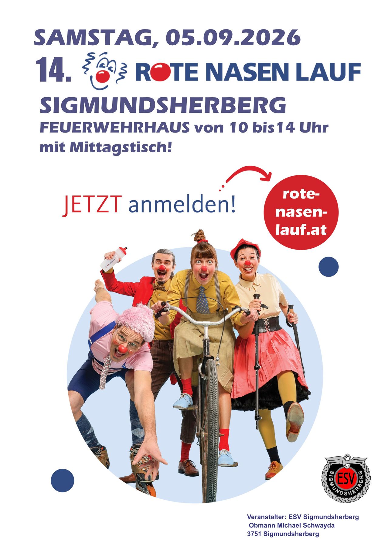 Werbung für das Sigmundsherberg Feuerwehrhaus mit Clowns auf einem Fahrrad, zur Anmeldung für die Veranstaltung eingeladen.