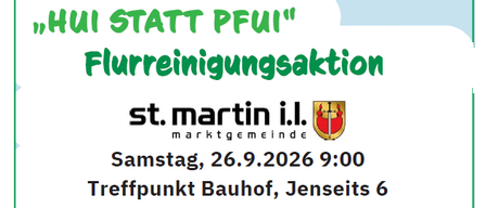 Plakat für eine Reinigungsaktion, organisiert von St. Martin i.l. am 26.9.2026 um 9:00 Uhr. Das Plakat zeigt einen Hasen mit einem Schild, einen Igel und einen Igel. Es enthält eine grüne Tasche mit Recycling-Symbol und Text zur Veranstaltung.