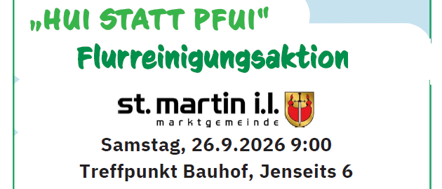 Plakat für eine Reinigungsaktion, organisiert von St. Martin i.l. am 26.9.2026 um 9:00 Uhr. Das Plakat zeigt einen Hasen mit einem Schild, einen Igel und einen Igel. Es enthält eine grüne Tasche mit Recycling-Symbol und Text zur Veranstaltung.