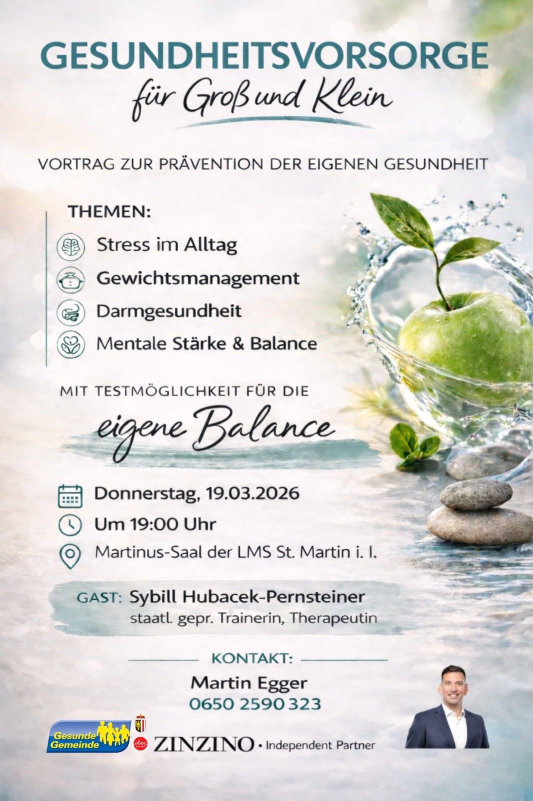 Plakat für einen Vortrag zur Prävention der eigenen Gesundheit am Donnerstag, 19.03.2026 um 19:00 Uhr im Martinus-Saal der LMS St. Martin. Themen: Stress im Alltag, Gewichtsmanagement, Darmgesundheit, mentale Stärke & Balance. Referentin Sybill Hubacek-Pernsteiner.