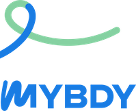 Ein blaues Band mit einem lächelnden Gesicht und dem Text 'MYBDY' in fetten blauen Buchstaben auf schwarzem Hintergrund.