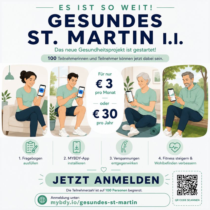 Ein Infografik für das Gesundheitsprojekt Gesundes St. Martin I.I. Es zeigt vier Schritte zur Teilnahme, einschließlich des Ausfüllens eines Fragebogens, der Installation der MYBDY-App, der Teilnahme an Entspannungssitzungen und der Verbesserung von Fitness und Wohlbefinden. Die Kosten betragen 3 Euro pro Monat oder 30 Euro pro Jahr. Ein QR-Code für die Anmeldung ist vorhanden.