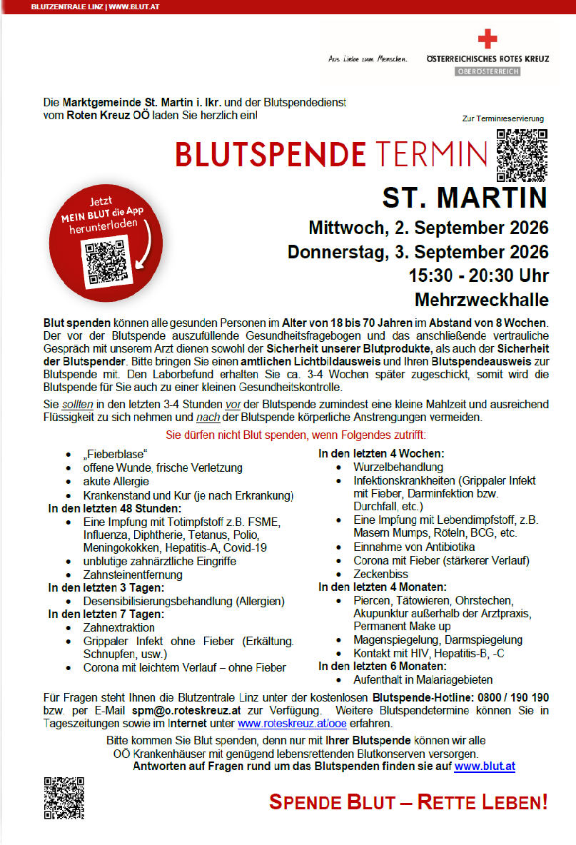 Ein Flyer für eine Blutspendeveranstaltung in St. Martin, geplant für den 2. und 3. September 2026 von 15:30 bis 20:30 Uhr. Es enthält Eignungskriterien, Gesundheitsanforderungen und einen QR-Code für weitere Informationen.
