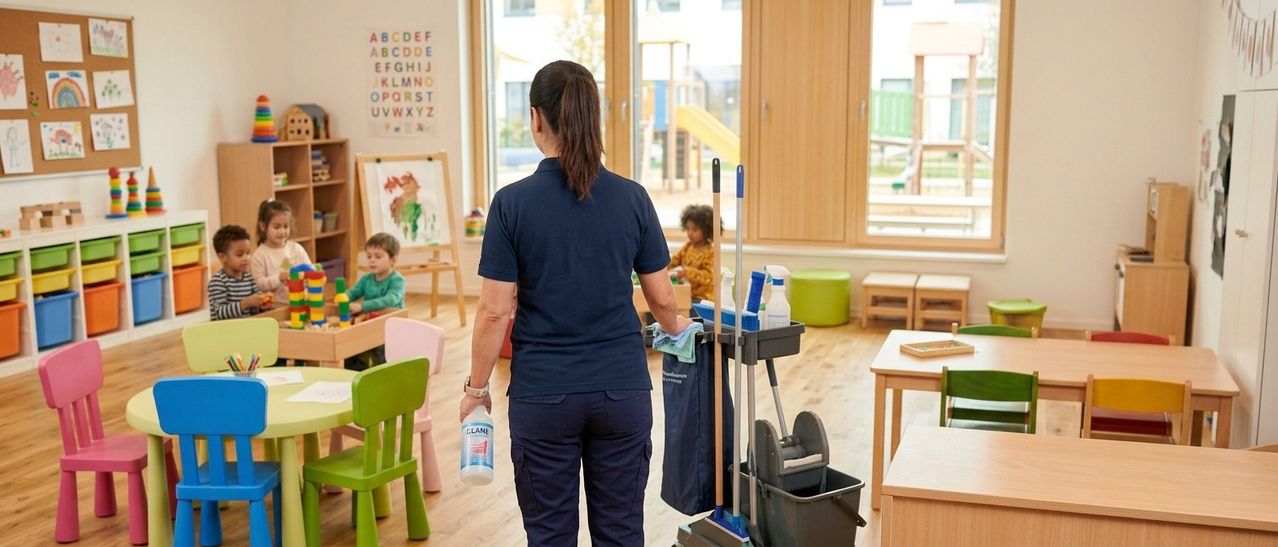 Eine Frau in einer blauen Uniform reinigt ein Klassenzimmer mit einem Mopp und Reinigungsmitteln. Zwei Kinder sitzen an einem Tisch, eines von ihnen malt. Im Hintergrund befinden sich ein Bücherregal, eine Rutsche und eine Holztür.