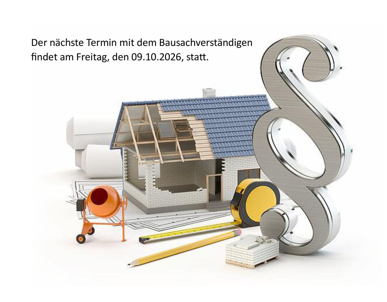Ein Bild eines Hauses im Bau mit verschiedenen Bauwerkzeugen darum herum, einschließlich eines Zementmischers, eines Messbands, eines Bleistifts und einem Stapel Ziegelsteine. Das Haus hat ein blaues Dach und ist von einem großen Dollarzeichen umgeben.
