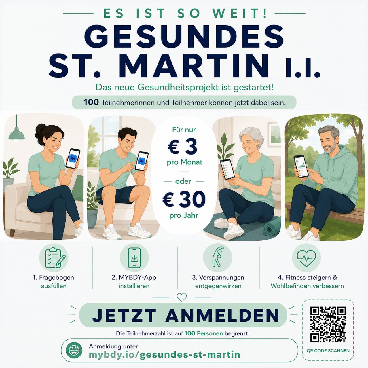 Das neue Gesundheitsprojekt ist gestartet! 100 Teilnehmer und Teilnehmer können jetzt beitreten. Es kostet 3 Euro pro Monat oder 30 Euro pro Jahr. Scannen Sie den QR-Code für die Anmeldung.