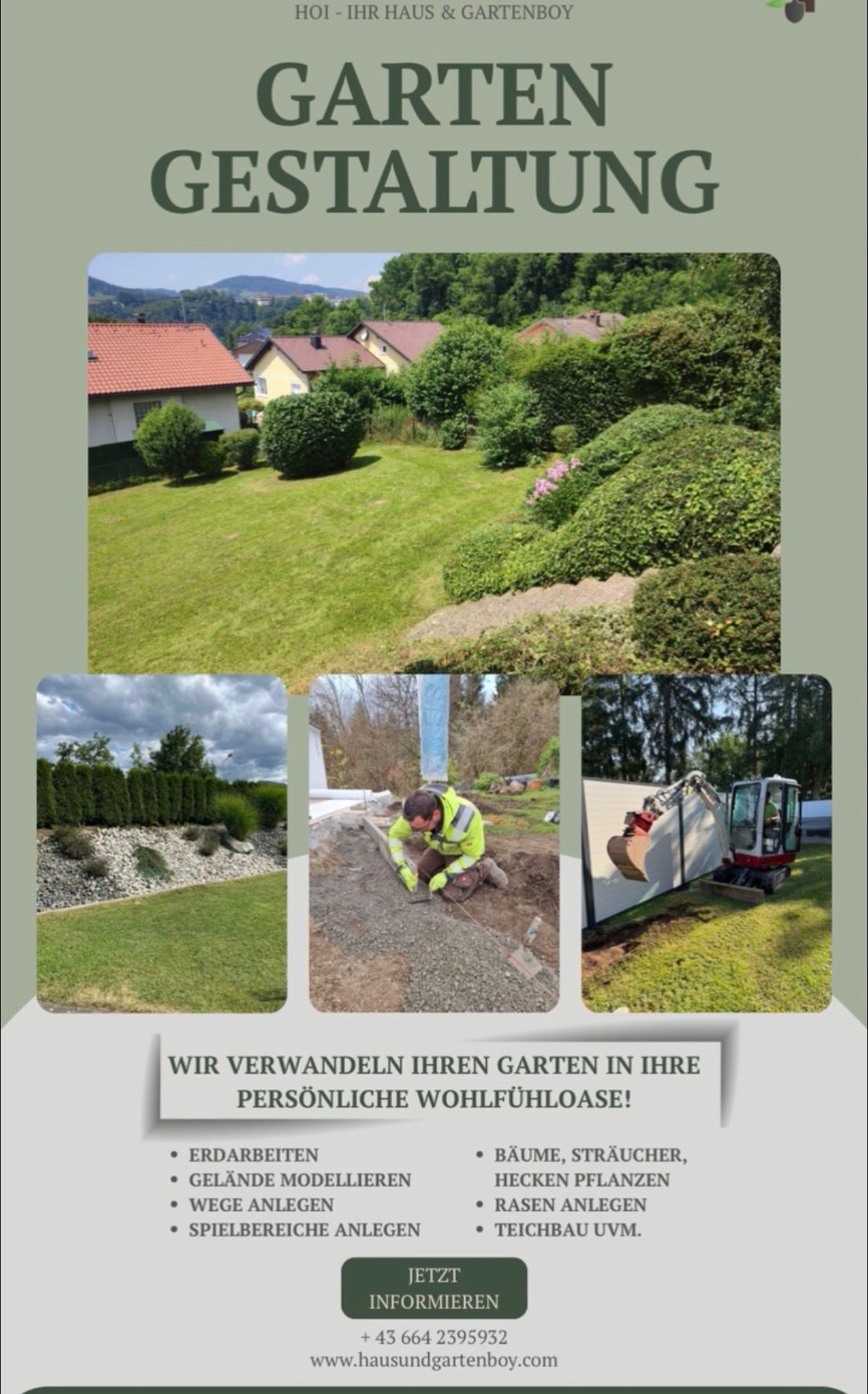 Drei Bilder zeigen eine Gartenumgestaltung. Das erste zeigt einen üppigen, grünen Rasen. Das zweite zeigt einen Arbeiter in einer gelben Jacke. Das dritte zeigt Maschinen auf einer Grasfläche. Ein Caption lautet: 'Wir verwandeln Ihren Garten in Ihre persönliche Wohlfühloase!'