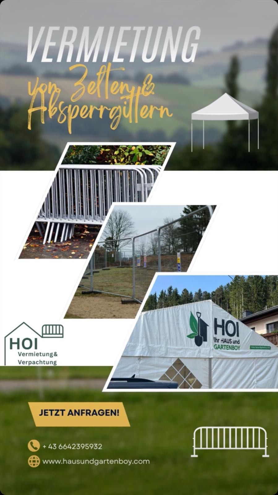 Ein Collage mit Bildern von Zäunen, Bäumen und einem Zelt. Text auf Deutsch lautet 'Absperrgulen'. Ein weiteres Bild zeigt ein Zelt mit der Marke HOI.