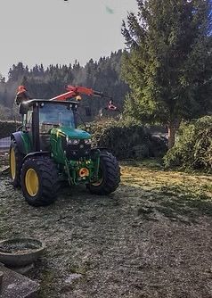 Ein grüner Traktor mit einer roten Vorrichtung steht auf einer Grasfläche mit einem Baum. Personen stehen in der Nähe des Traktors und schneiden möglicherweise Äste.
