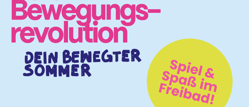 Plakat für Bewegungs-revolution mit einem Cartoon einer schnorchelnden Person. Es hebt Aktivitäten wie Tischtennis, Ausleihen von Sportgeräten und Teilnahme an einer ganztägigen Veranstaltung am 8. August im Fluss- und Familienbad St. Ruprecht/Raab hervor.