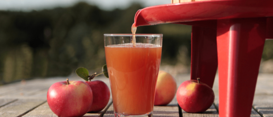 Apfelsaft wird aus einer roten Apfelpresse in ein Glas gegossen, mit mehreren Äpfeln auf einem Holztisch im Hintergrund.