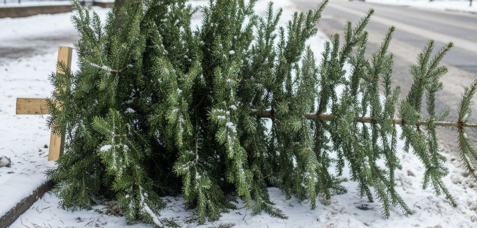 Ein gefällter Weihnachtsbaum liegt auf dem verschneiten Boden, neben ihm ein Holzpfosten. Im Hintergrund eine Straße mit Autos und Gebäuden.