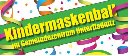 Ein buntes Plakat für einen Kinderkarneval. Ein Clown hält Luftballons, umgeben von Ballons und Konfetti. Mit Text: Kindermaskenball, Glückshafen, Kinderbetreuung, Musik für Kids. Datum: Samstag, 15. Februar.