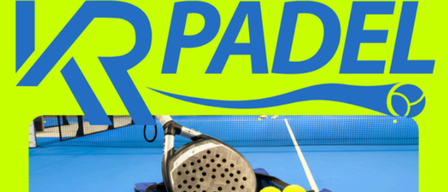 An image of a tennis court with a tennis racket and a bunch of tennis balls in a blue bag with the logo 'VR PADEL'.