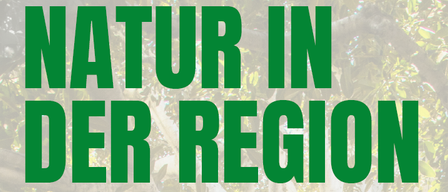 Ein Poster mit grünem Text 'NATUR IN DER REGION' vor einem verschwommenen Hintergrund aus Blättern und Ästen.