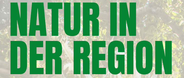 Ein Poster mit grünem Text 'NATUR IN DER REGION' vor einem verschwommenen Hintergrund aus Blättern und Ästen.