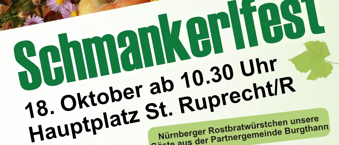 Plakat für ein Essensfestival in Deutschland mit Herbstfrüchten und Blumen. Die Veranstaltung findet am 18. Oktober um 10:30 Uhr in St. Rupert/R. statt. Gastgeber sind das Nürnberger Rote Kreuz und lokale Partner.