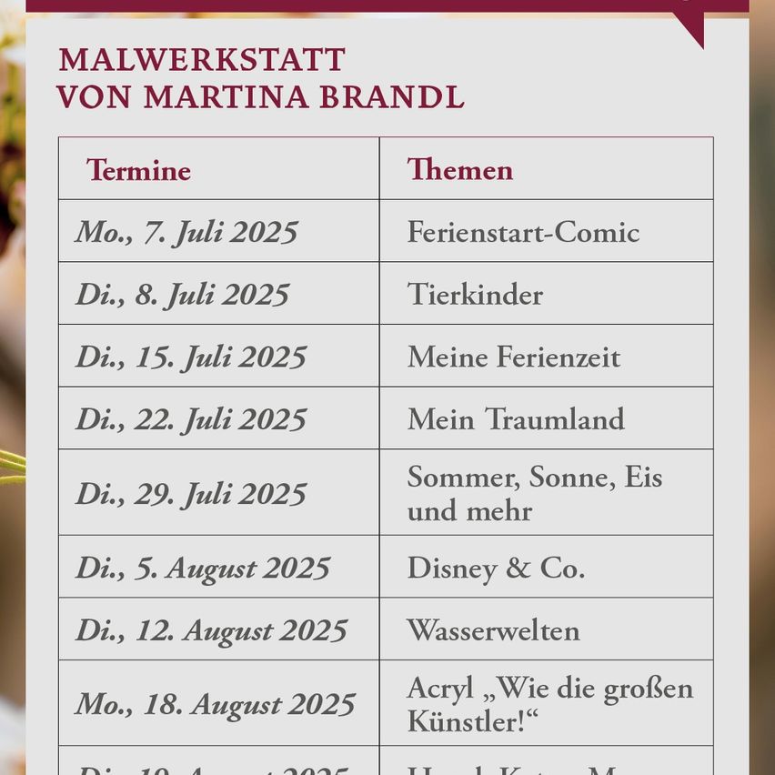 Ein Zeitplan von Martina Brandl mit Daten und Themen von Juli bis August 2025, beginnend mit Ferienstart-Comic am 7. Juli und endend mit einem noch unbenannten Thema am 19. August.
