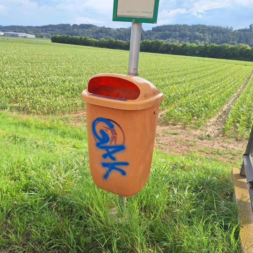 Ein orangefarbener Mülleimer mit blauer Graffiti steht in einem Grasfeld. Dahinter befindet sich ein breites landwirtschaftliches Feld, und in der Ferne gibt es Hügel.