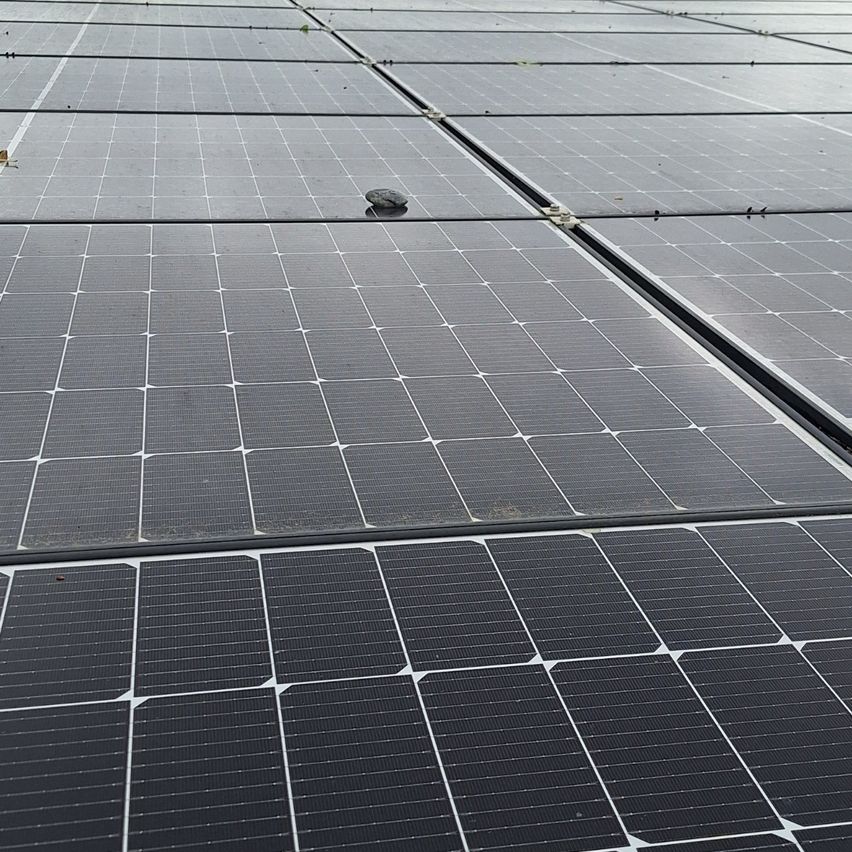 Eine Nahaufnahme einer Solarpanel-Installation mit einem kleinen Stein in der Mitte. Die Paneele sind in einer Reihe angeordnet und fangen Sonnenlicht ein.