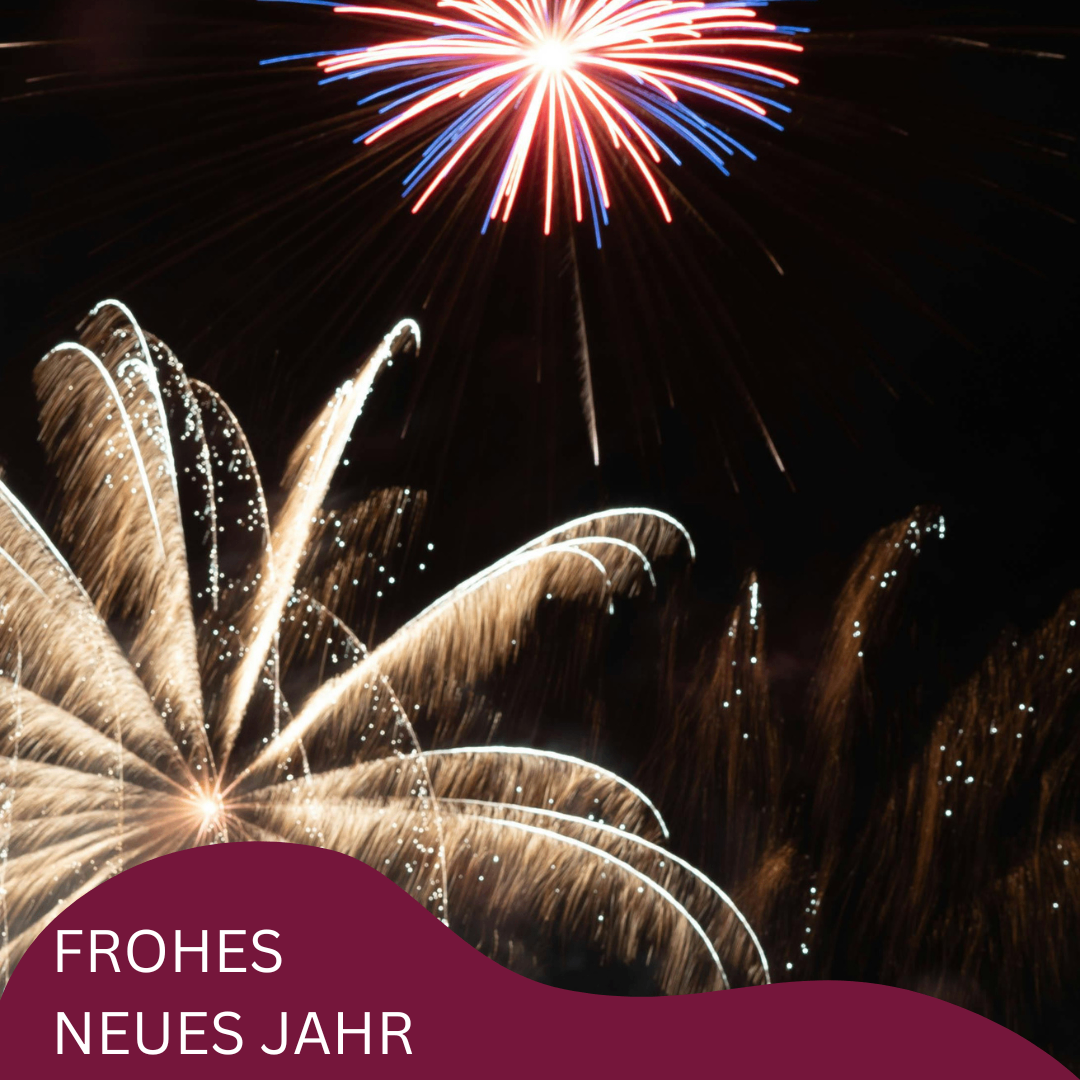 Ein Nachthimmel mit Feuerwerk in verschiedenen Farben und Mustern, darunter die Worte 'Frohe Neues Jahr'.