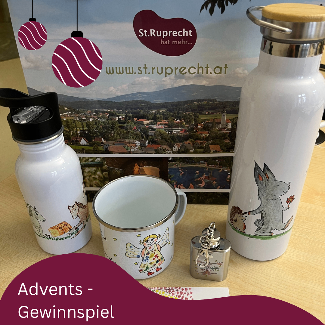 Auf einem Tisch stehen eine weiße Flasche, ein Becher und ein Fläschchen. Eine weiße Flasche mit hölzerne Deckel und Zeichnung eines Kaninchens, das eine Blume hält. Ein Becher mit einer Zeichnung eines Feen. Ein Fläschchen mit einer Zeichnung eines Feen. Ein Schild mit dem St. Ruprecht Logo und Website. Advents-Gewinnspiel Text.