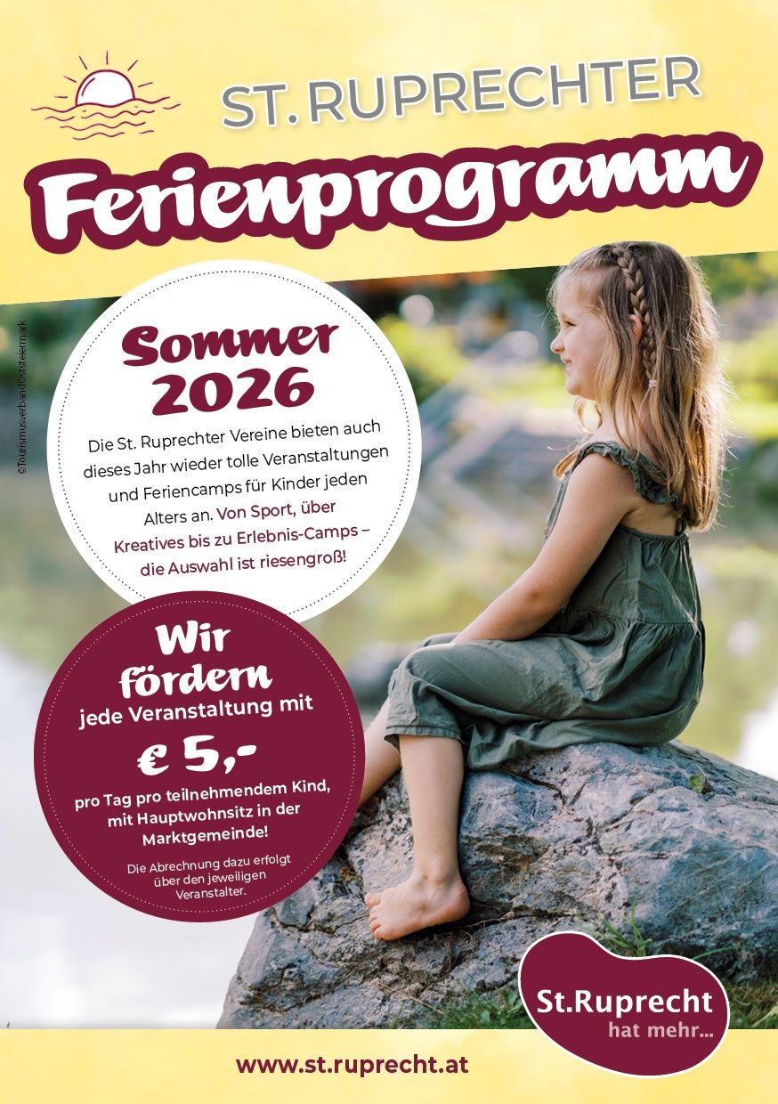 A poster with a young girl sitting on a rock. The text reads Ferienprogramm Sommer 2026. The poster highlights various events for children.