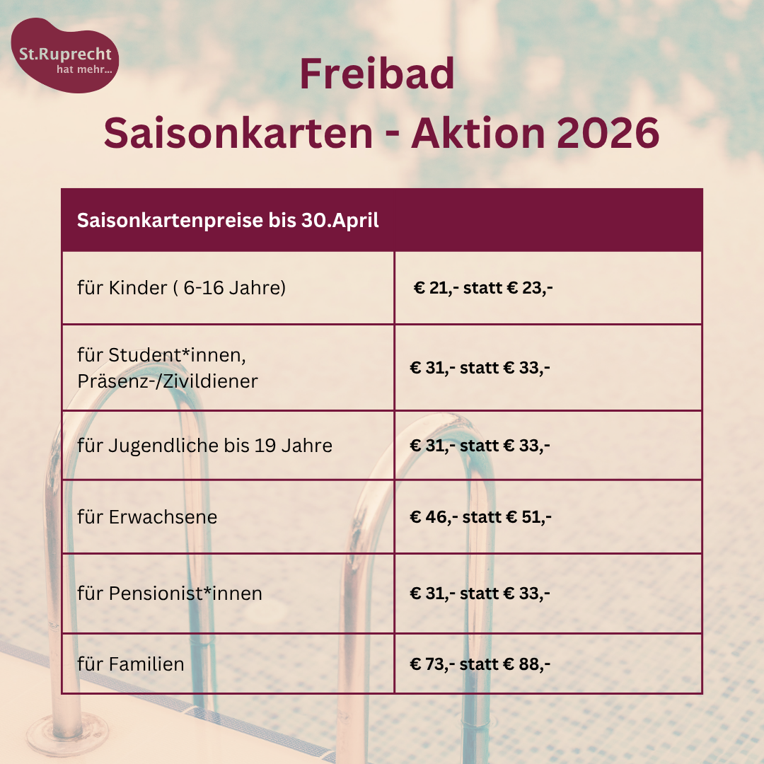 An image displaying the prices for Freibad Saisonkarten-Aktion 2026, listing various categories such as children, students, and families with their respective prices.