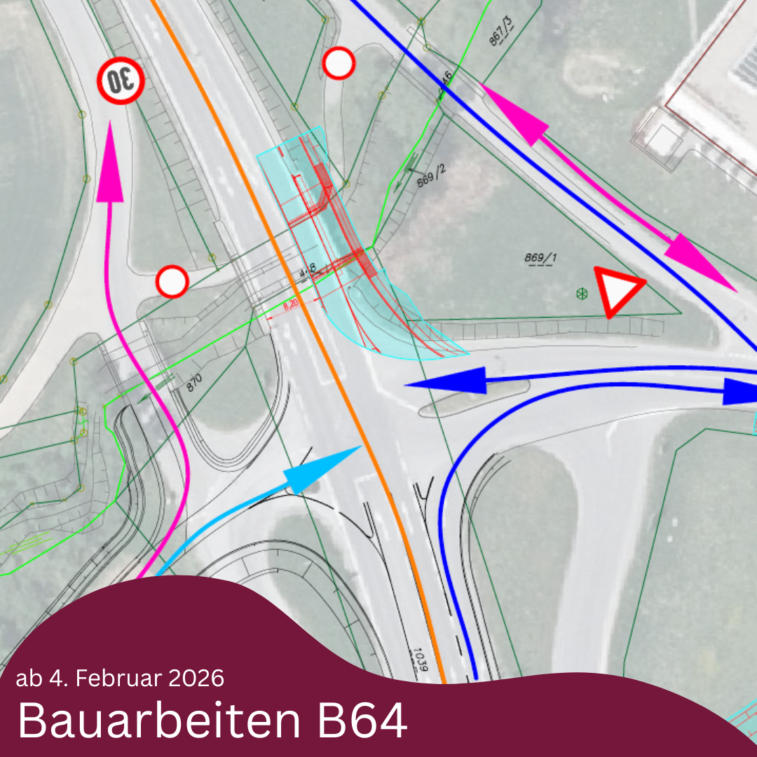 Map showing roadworks on B64 starting February 4, 2026. Various directions indicated with arrows.