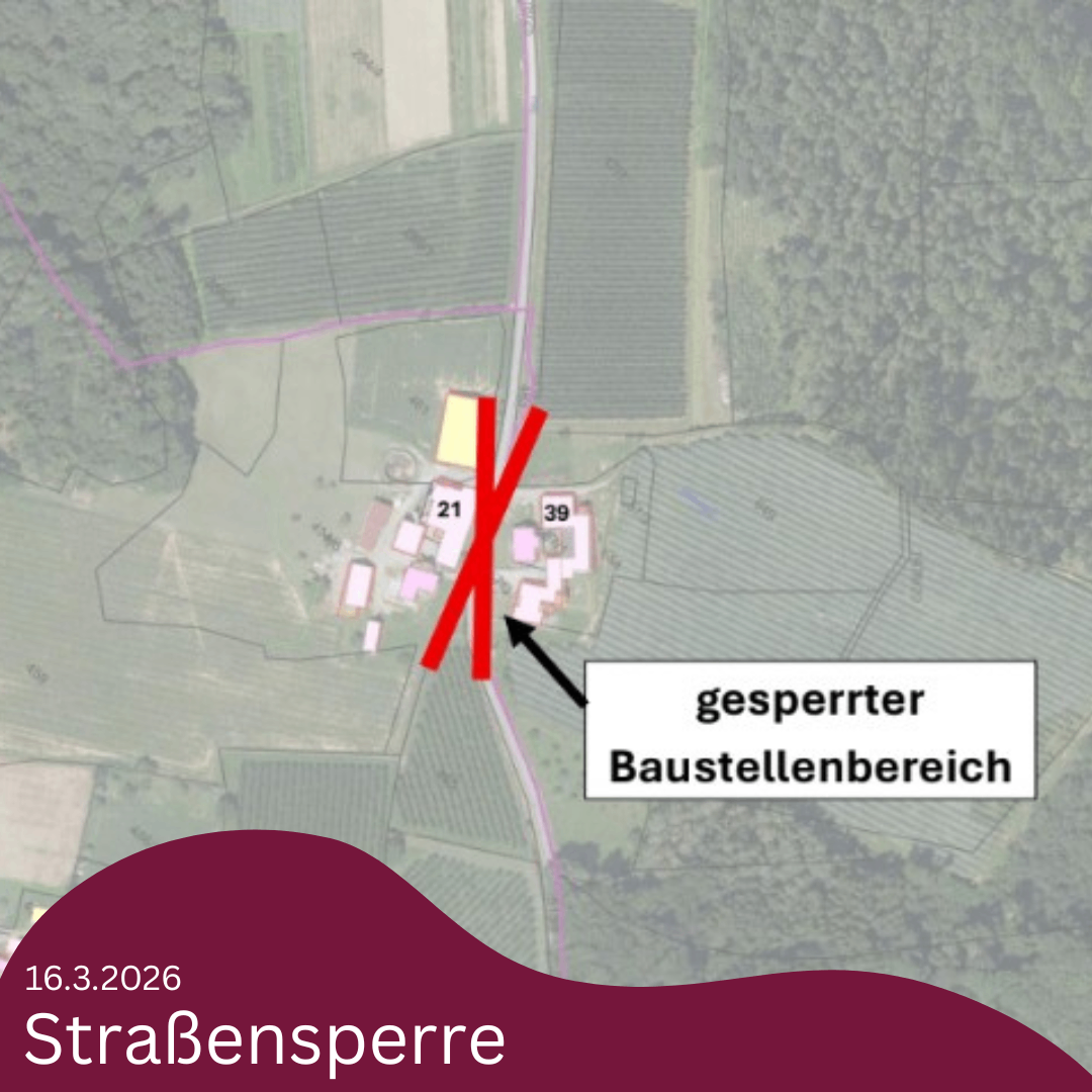 Eine Karte vom 16.3.2026 zeigt ein Baugebiet mit den Nummern 21 und 39 und der Bezeichnung 'gesperrter Baustellenbereich'. StraBensperre ist unten vermerkt.