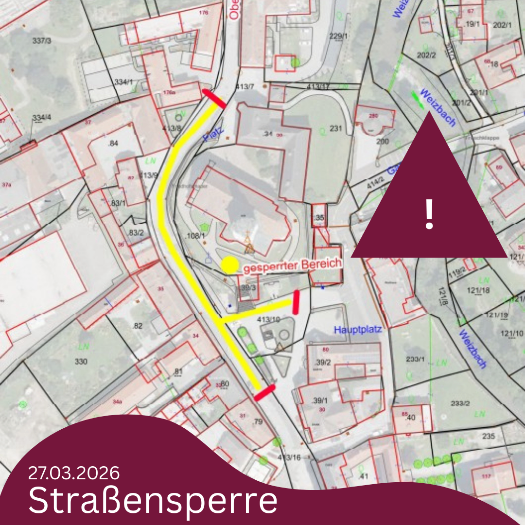 Eine Karte zeigt einen bestimmten Bereich mit einem roten Dreieck als Warnzeichen. Das Datum '27.03.2026' und der Begriff 'StraBensperre' sind angegeben. Die Karte enthält verschiedene nummerierte Abschnitte und beschriftete Bereiche.