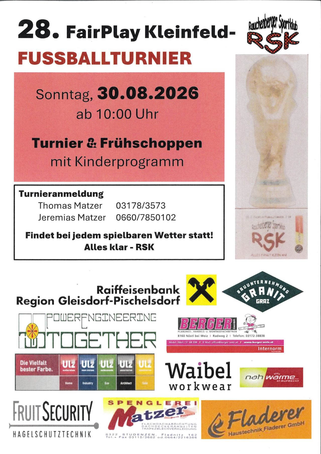 Ein Veranstaltungsflyer für eine Turn- und Frühstücksveranstaltung am 30. August 2026, beginnend um 10:00 Uhr. Es zeigt eine Statue, Kontaktinformationen und Sponsoren.