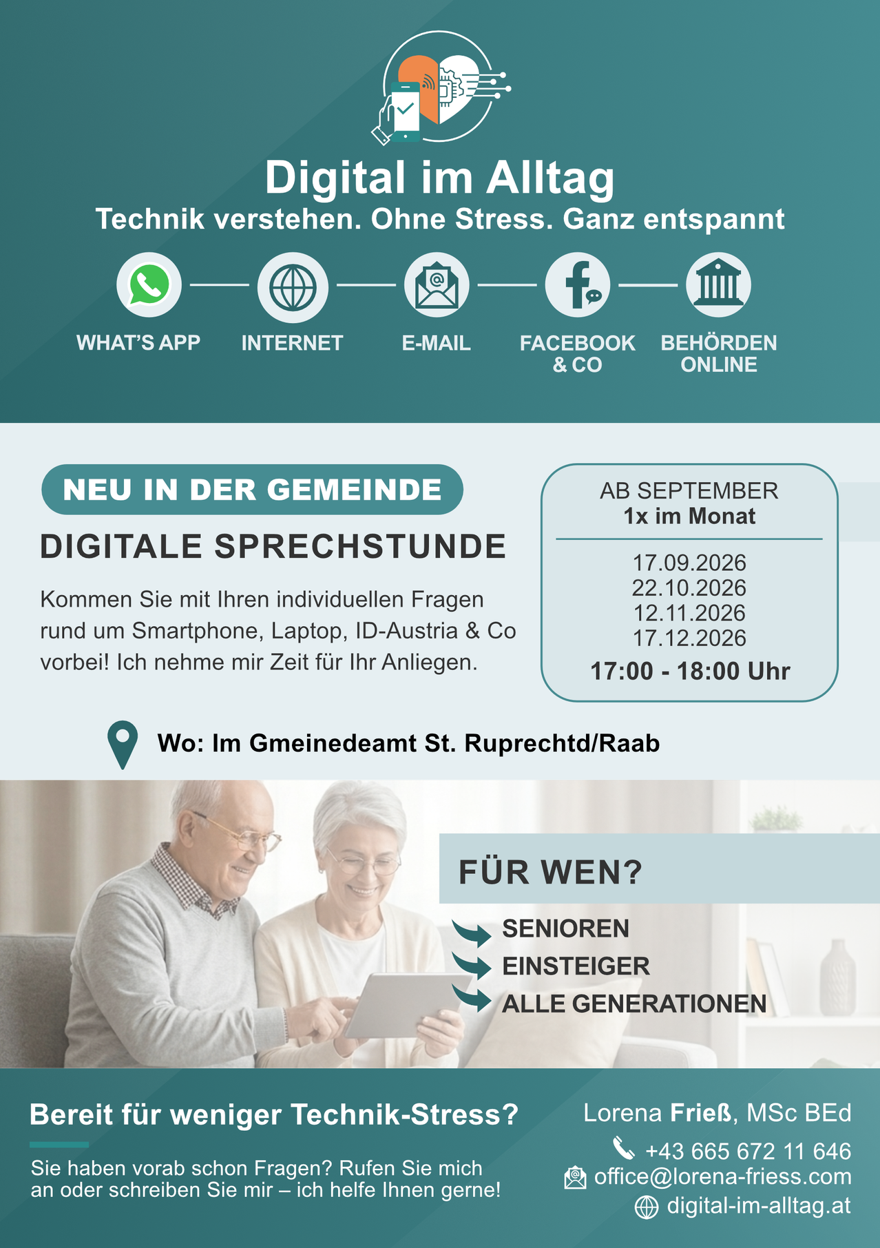 An advertisement for digital consultation hours for seniors, featuring a couple and a schedule for monthly meetings. The flyer includes contact information and a location.