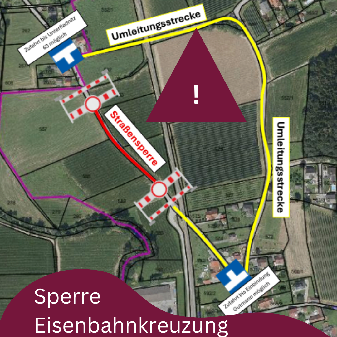 Eine Karte zeigt einen Bahnübergang mit einem roten Dreieck, das auf eine Sperre hinweist. Die Route ist mit 'Umleitungsstrecke' und 'StraBensperre' beschriftet. Die Sperre erlaubt eine Höchstgeschwindigkeit von 63 mph.