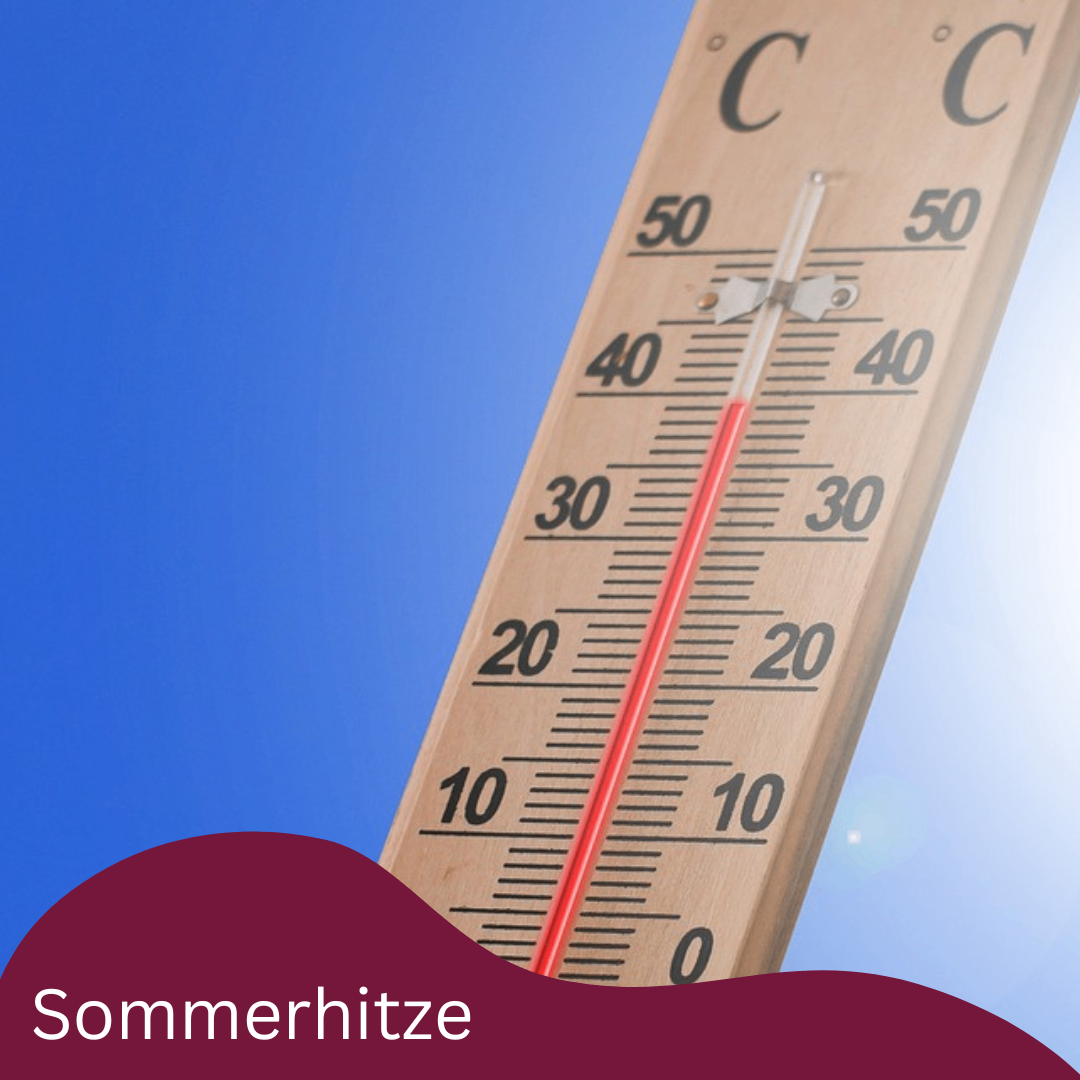 Ein Thermometer mit roter Flüssigkeit zeigt Temperaturen von 0 bis 50 Grad Celsius an. Das Wort Sommerhitze ist unten links sichtbar.